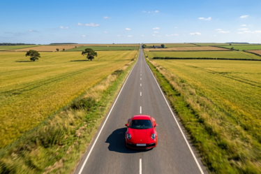 Opony letnie w czerwony Porsche mknącym prostą drogą wśród pól