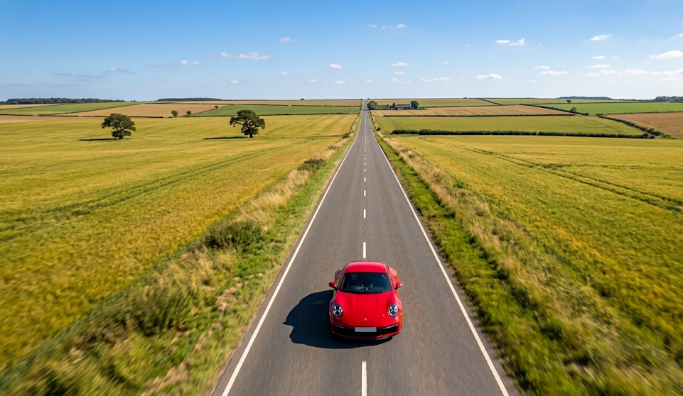 Opony letnie w czerwony Porsche mknącym prostą drogą wśród pól
